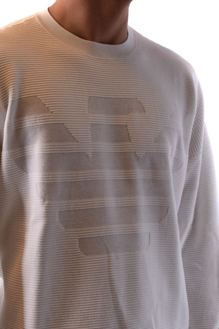 Emporio Armani White Cotton Textured Emblem Knit Sweater