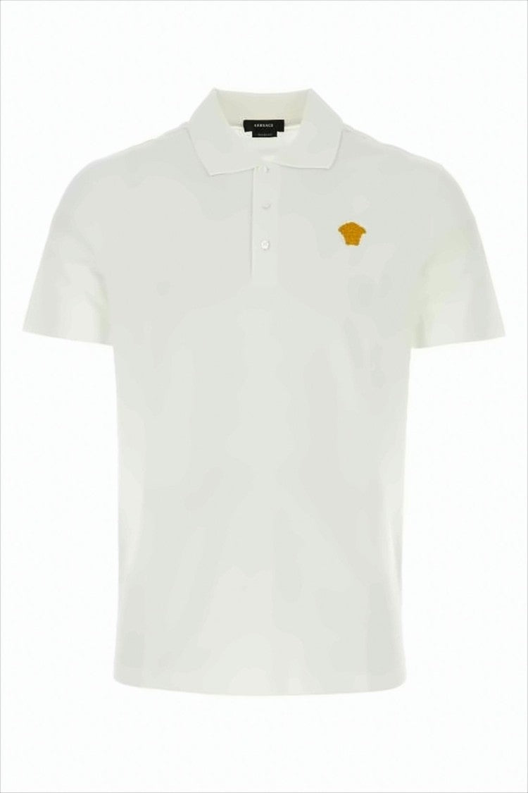 Versace White Polo Shirt With Traditional Collar And Embroidered Emblem