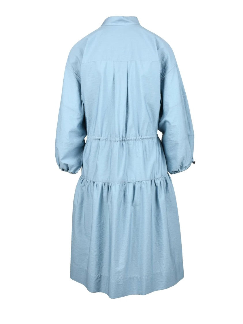 Brunello Cucinelli Light Blue Three-Quarter Sleeve Cotton-Blend Shirt Dress