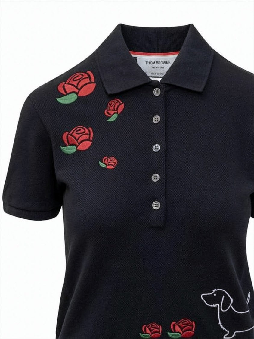 Thom Browne Cropped Black Polo Shirt With Classic Collar And Floral Embroidery