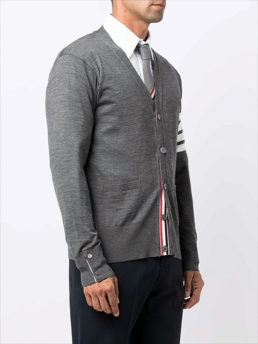 Thom Browne V-Neck Grey Wool Cardigan With Signature Striped Detail