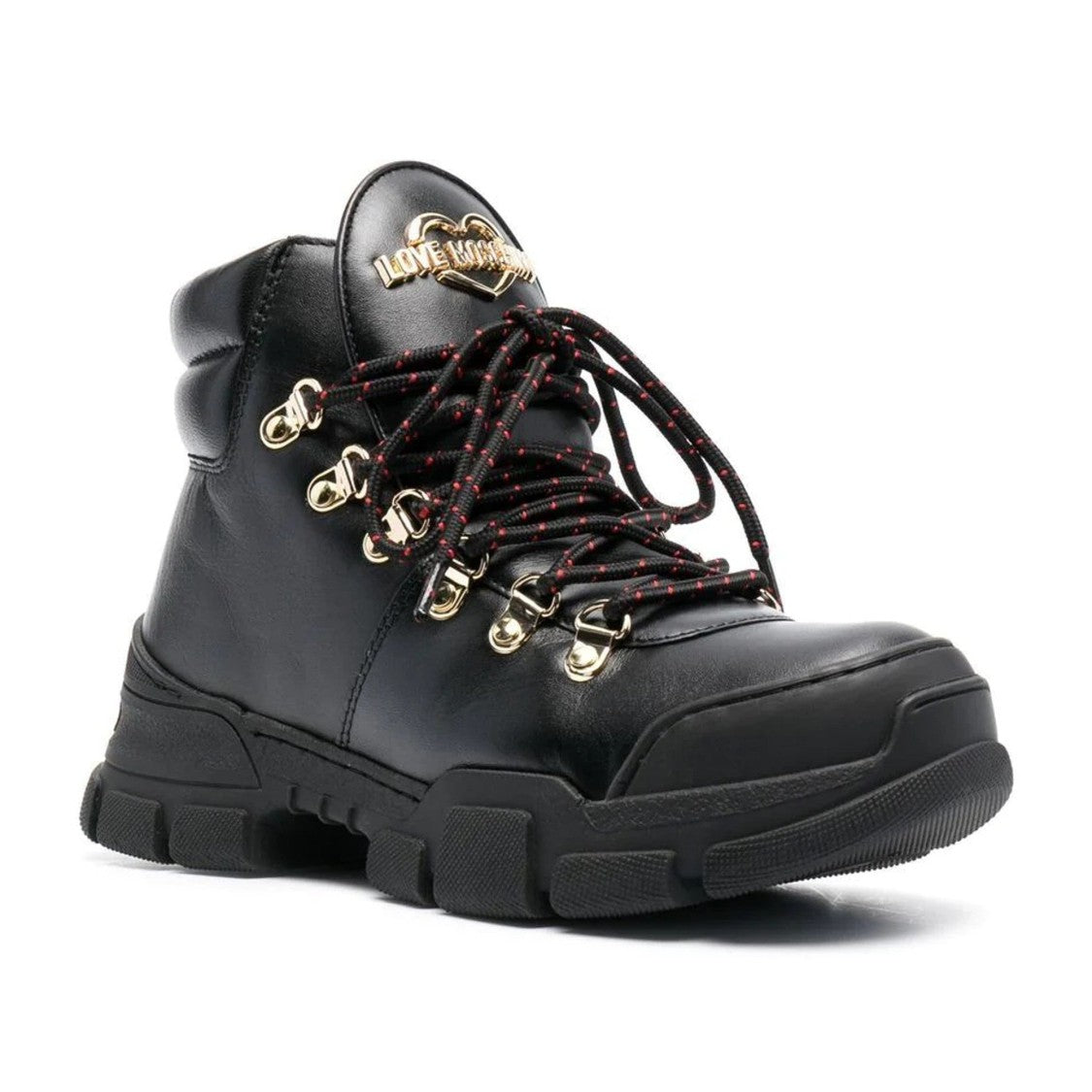 Love Moschino Black Chunky Sole Metallic Accent Lace-Up Leather Boots