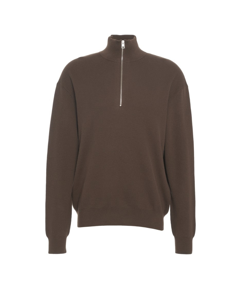 Closed Ribbed Half-Zip Sweater With High Collar