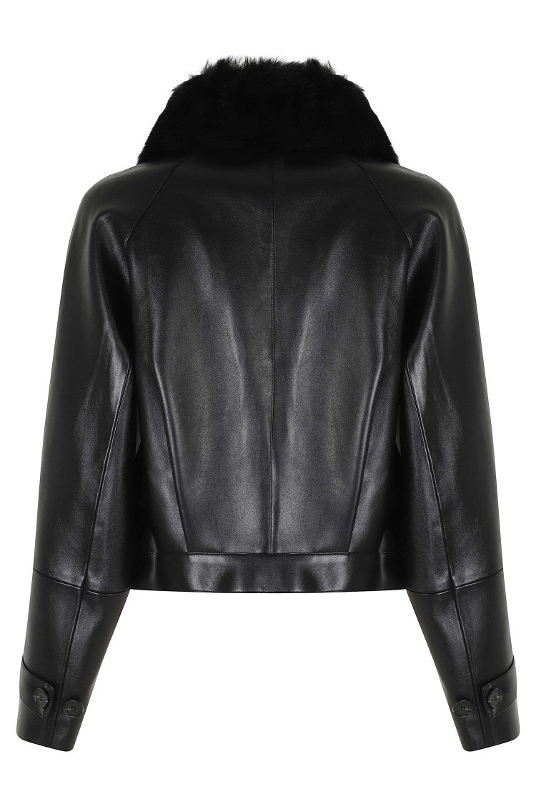 Isabelle Blanche Black Faux Leather Fur Collar Bomber Jacket