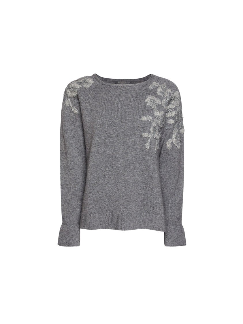 Elena Miro` Grey Floral Embroidered Wool Boatneck Sweater