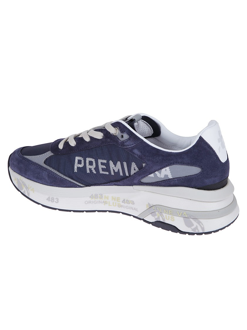 Premiata Blue Suede And Technical Fabric Sneakers With Embossed Logo