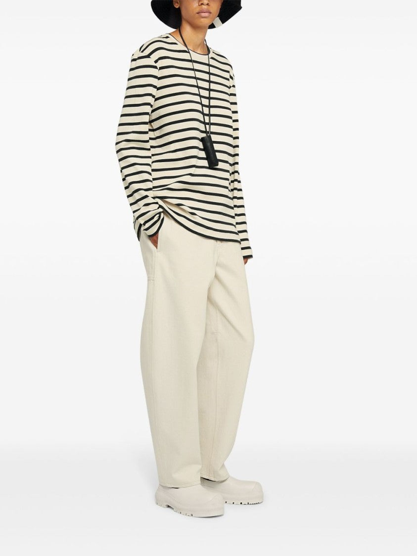 Jil Sander Fine Ribbed Off-White And Black Crew Neck Sweater