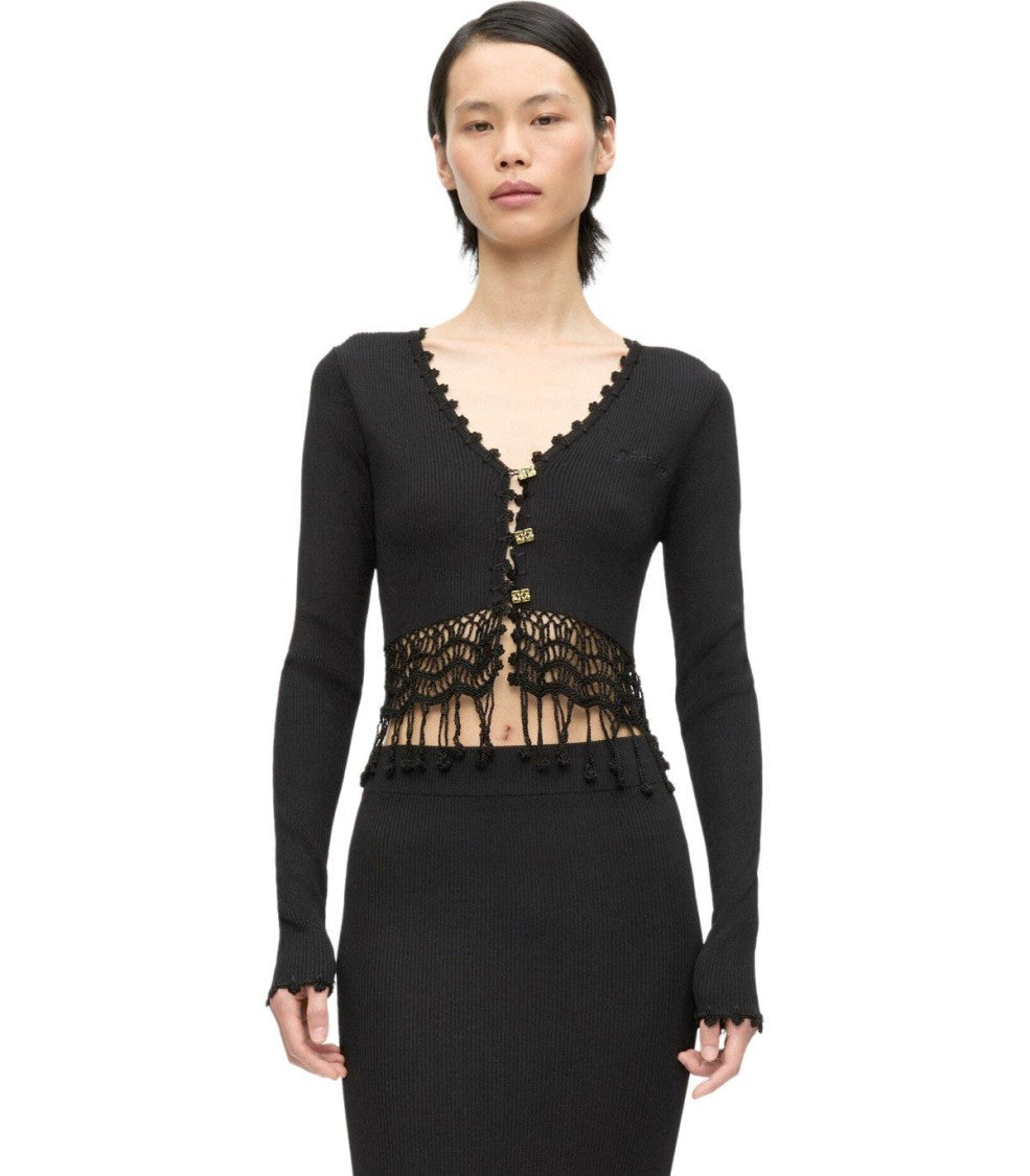 Ganni Black Crochet Cropped Cardigan