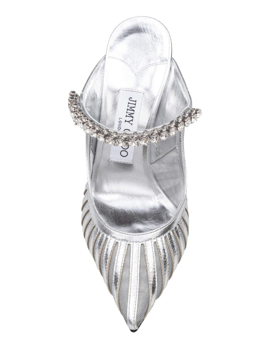 Jimmy Choo Pointed-Toe Silver Mules With Jeweled Instep Strap