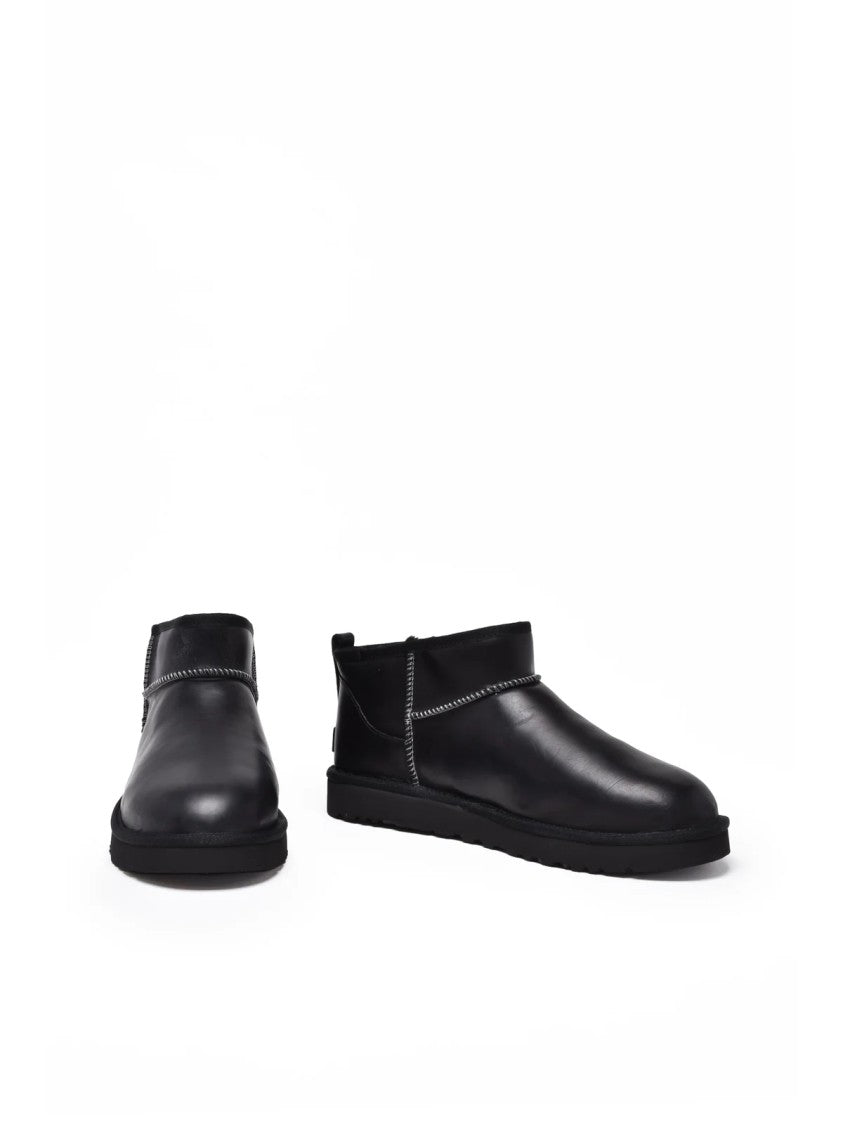 Ugg Black Leather Plush Mini Boots