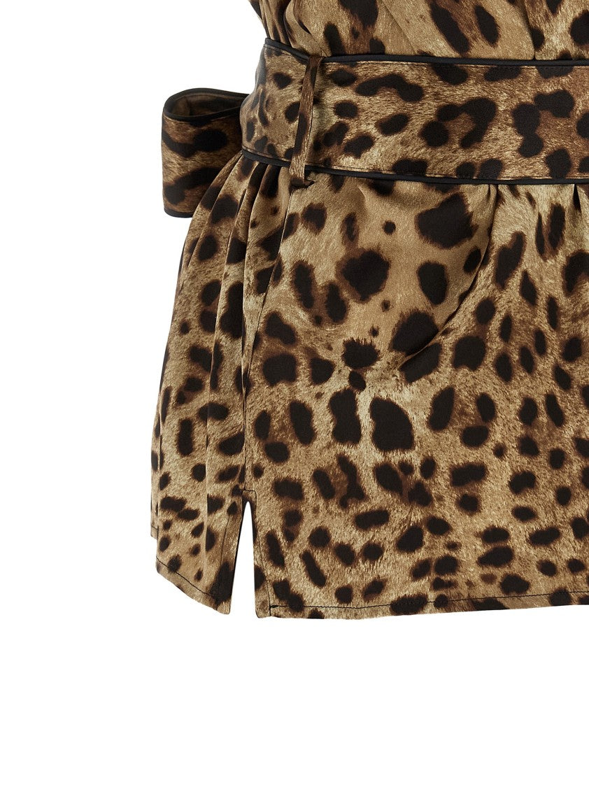 Dolce & Gabbana Silk Leopard Print Shirt With Waist Belt And Black Piping