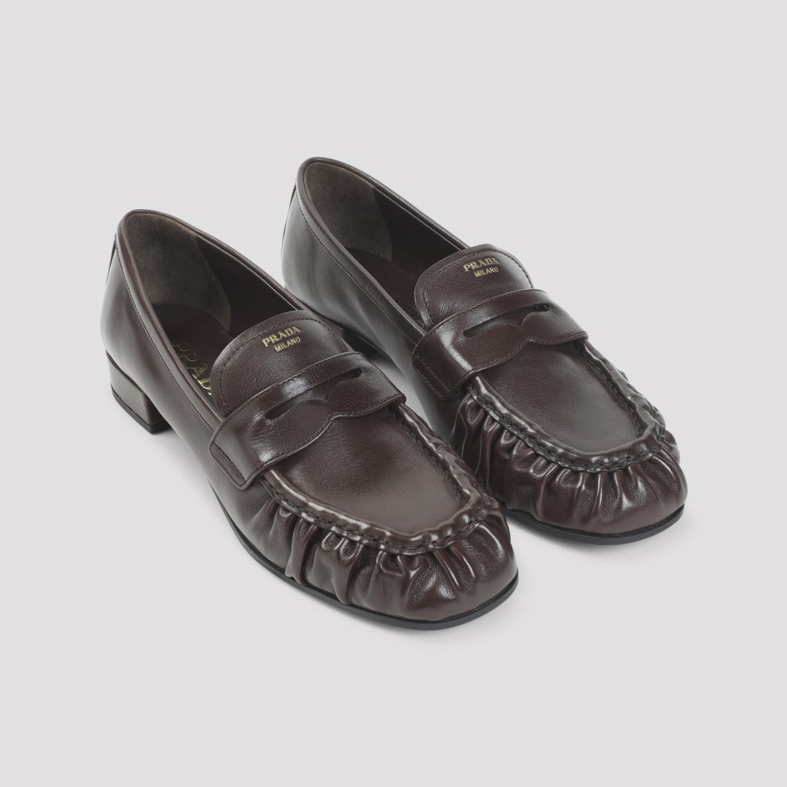 Prada Brown Buffalo Leather Loafers With Gold-Toned Logo