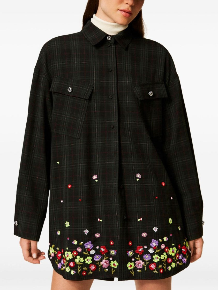 Twin-Set Dark Plaid Shirt With Floral Embroidery