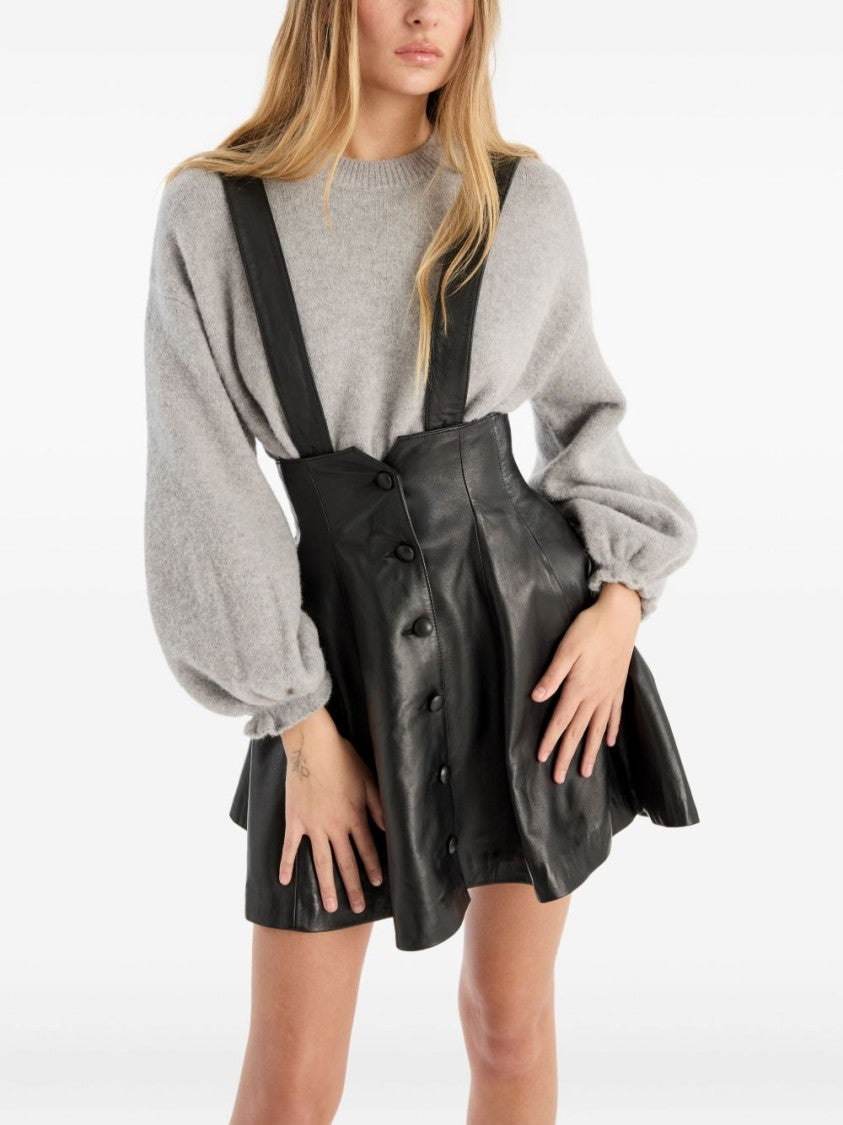 Rotate Flared Black Leather Mini Skirt