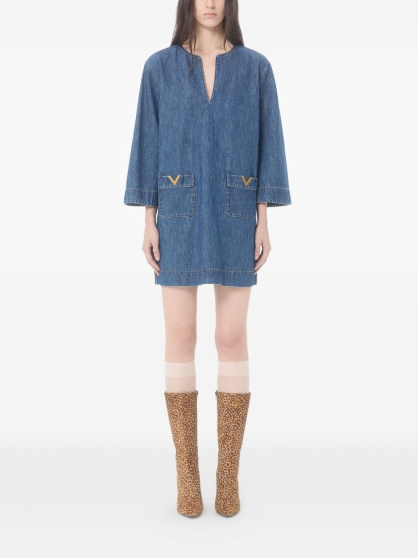 Valentino Garavani Denim Mini Dress With V-Notch Neckline