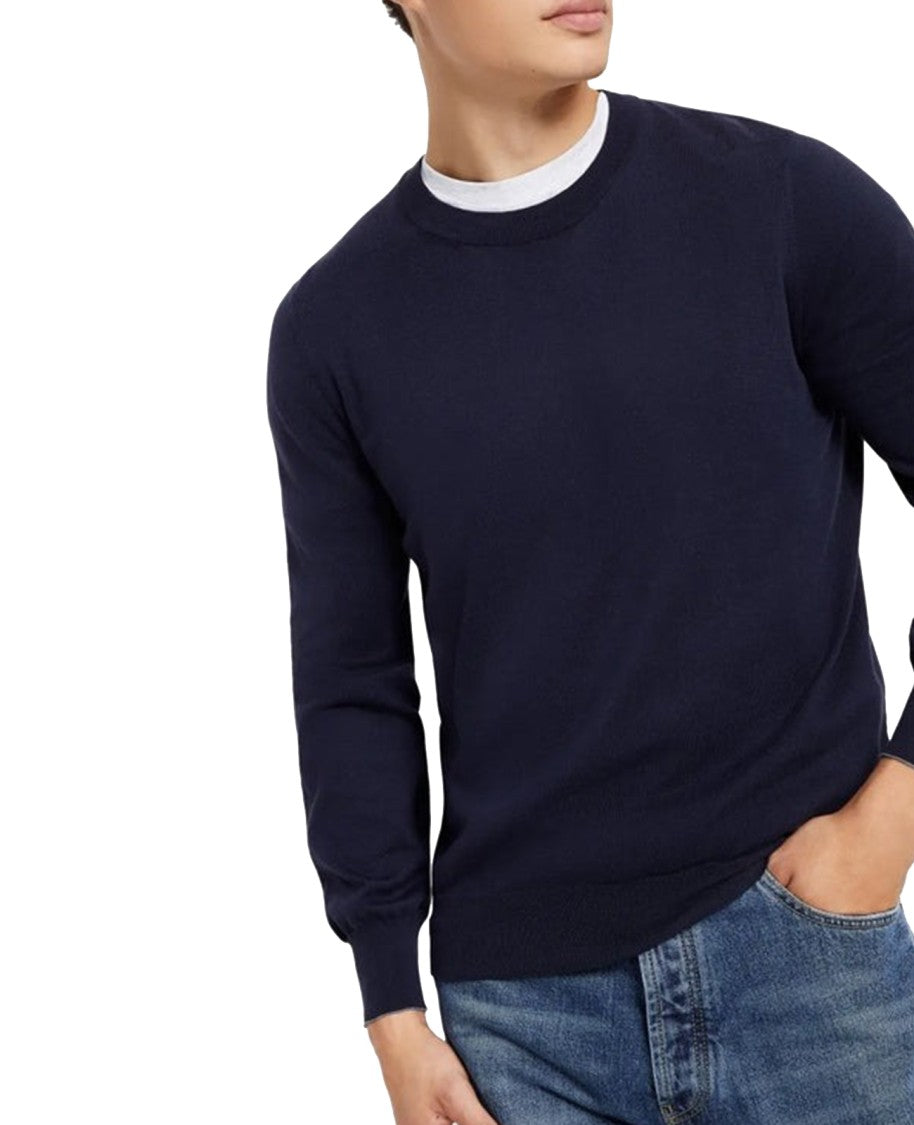Brunello Cucinelli Navy And Dark Gray Wool-Cashmere Crewneck Sweater