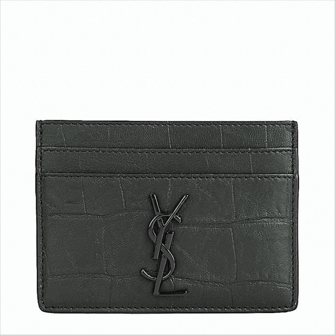 Saint Laurent Textured Sheepskin Card Wallet With Crocodile Pattern