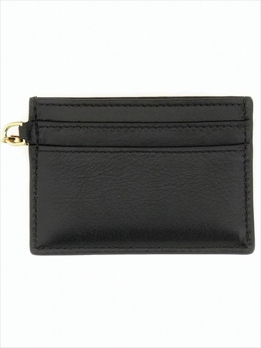 Alexander Mcqueen Rectangular Black Leather Card Wallet With Gold-Tone Chain