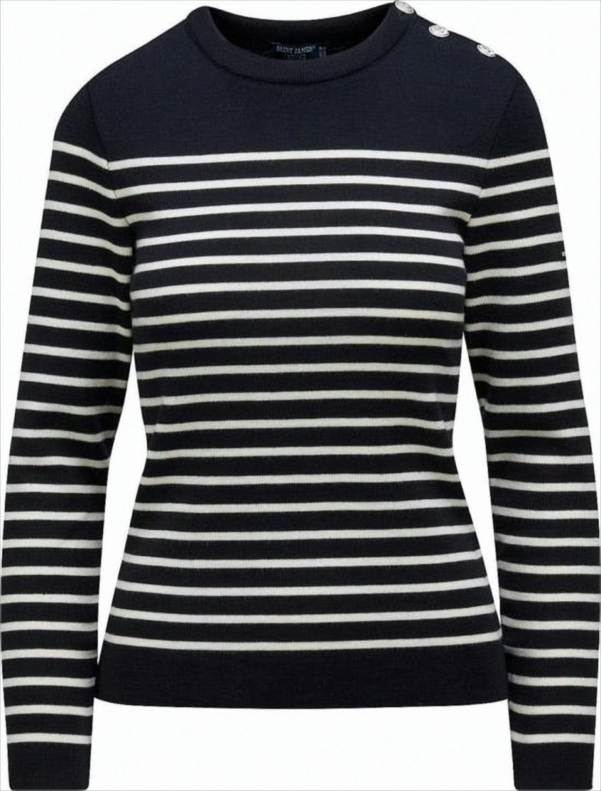 Saint James Horizontal Stripe Wool Sweater With Button Detail