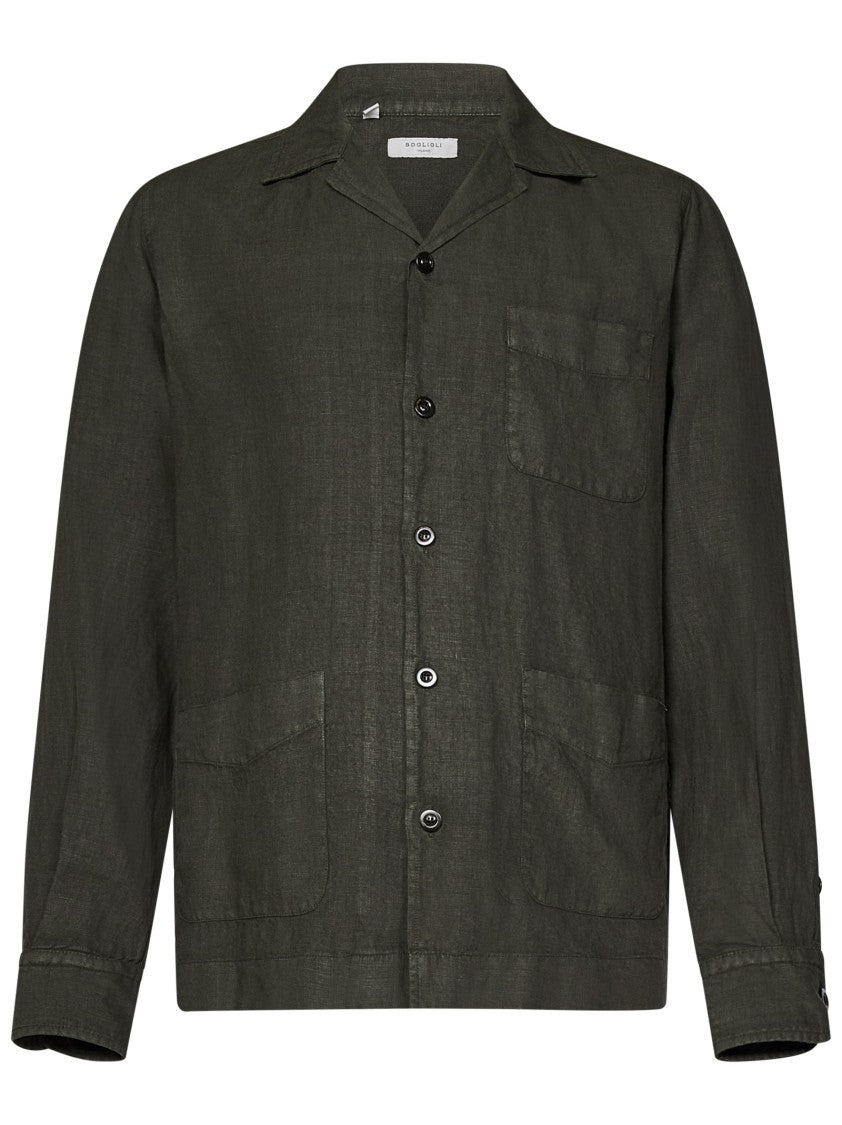 Boglioli Boglioli Green Linen Overshirt With Bowling Collar