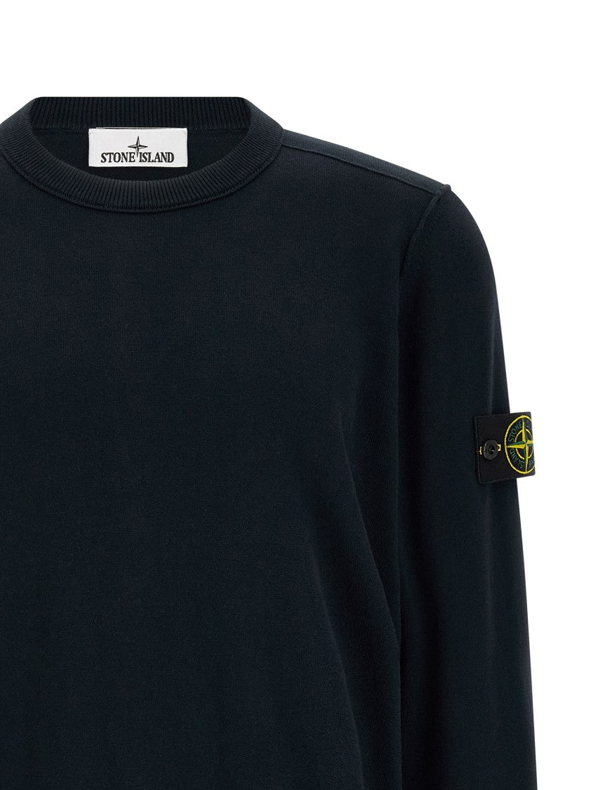 Stone Island Black Organic Cotton Sweater With Logo Badge Appliqué