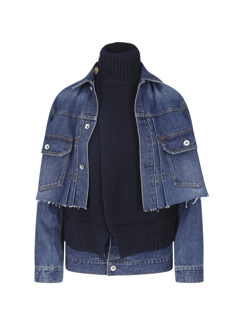 Sacai Blue Cotton-Wool Deconstructed High Neck Denim Jacket