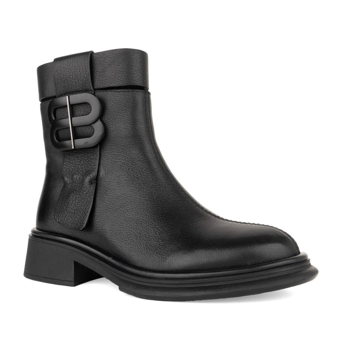 Linda Baumann Black Smooth Leather Bold Buckle Ankle Boots