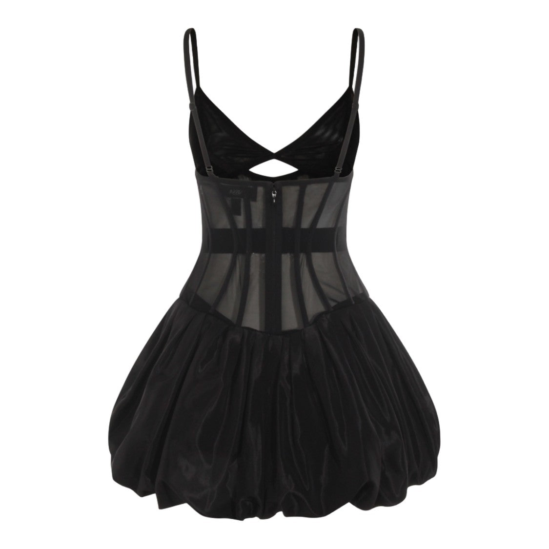 Nissa Voluminous Black Mini Dress With Sheer Panels