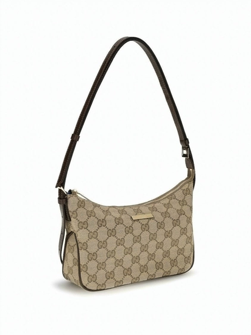 Gucci Beige Gg Monogram Shoulder Bag With Gold-Tone Accents