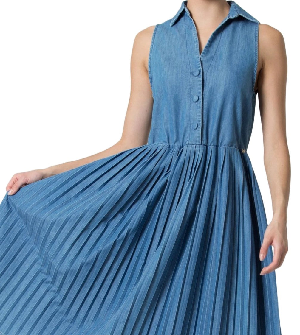 Kocca Blue Midi Dress With Pleated Skirt