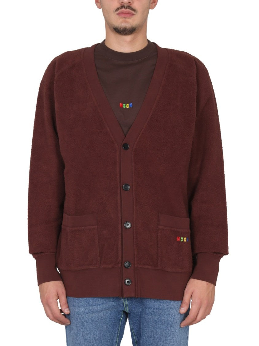 Msgm V-Neck Cardigan With Embroidered Logo Detail