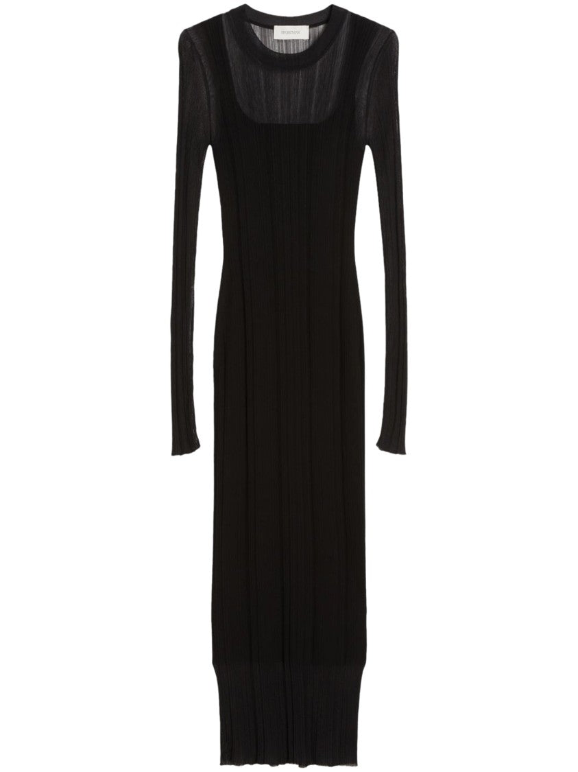 Max Mara Fitted Black Knit Midi Dress With Sheer Overlay