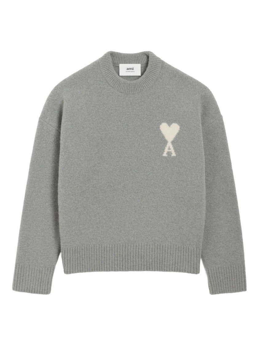 Ami Intarsia-Knit Heart Logo Grey Wool Sweater