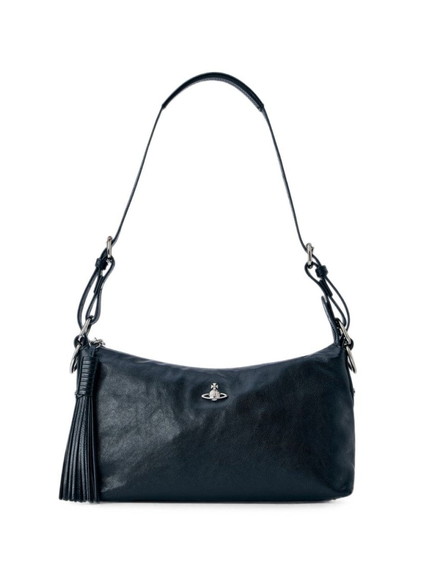 Vivienne Westwood Rectangular Black Handbag With Silver Emblem And Tassel
