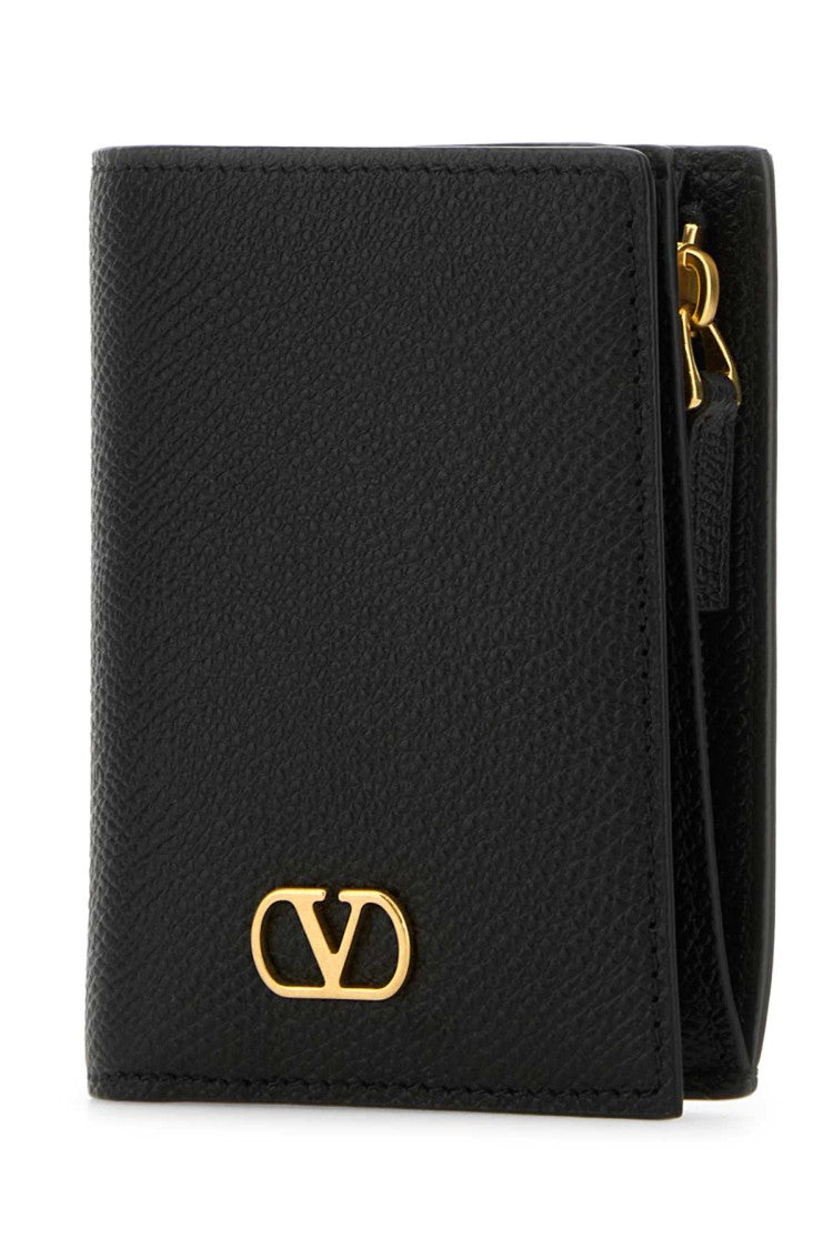 Valentino Garavani Black Calf Leather Wallet With Iconic Golden Vlogo