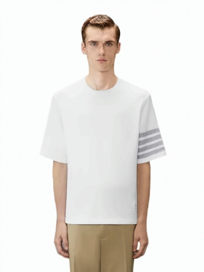 Thom Browne Textured Pique T-Shirt With Boxy Fit And Stripe Detail