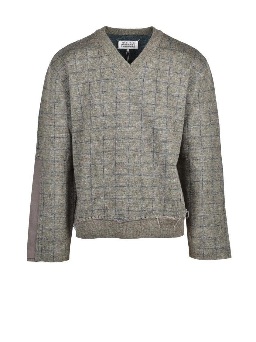 Maison Margiela Green V-Neck Patchwork Virgin Wool Sweater