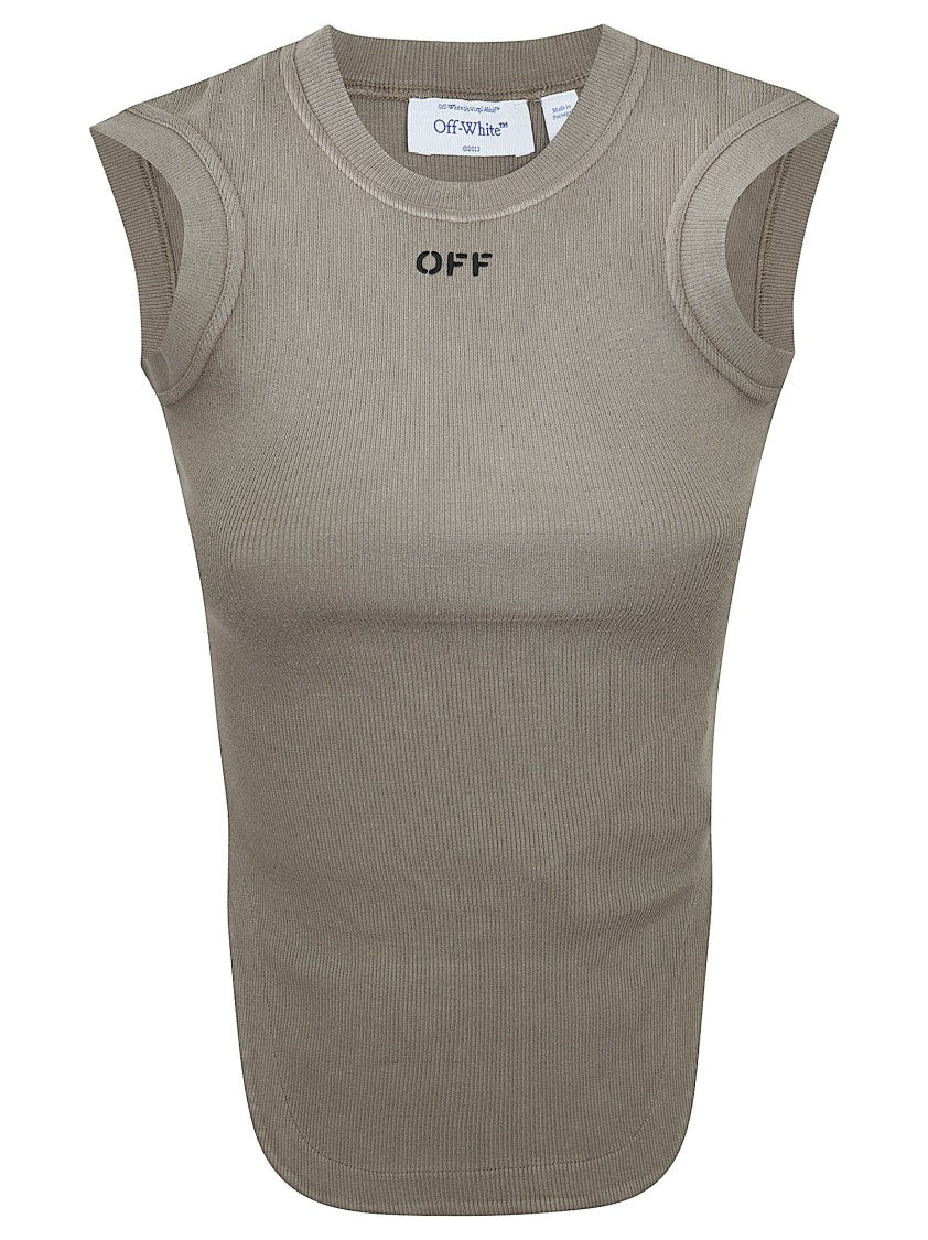Off-White Ribbed Cotton-Elastane Sleeveless Top With Minimalist Lettering