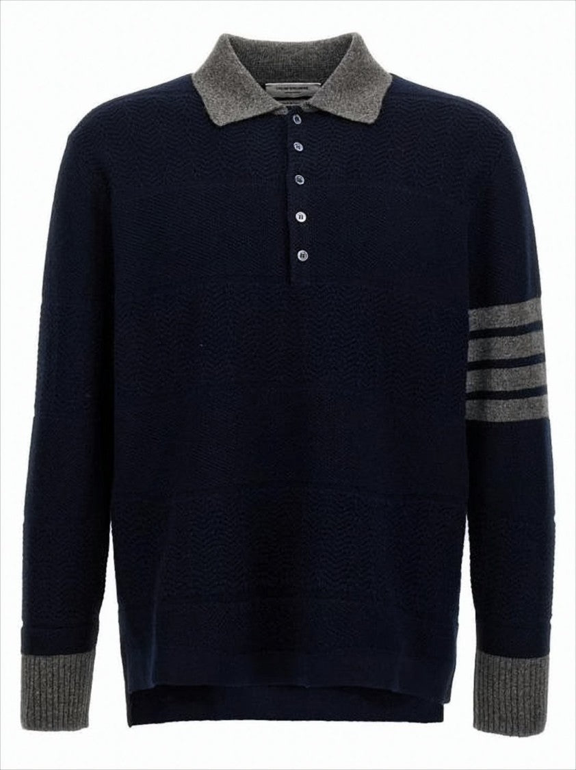 Thom Browne Textured Navy Wool Sweater With Contrasting Accents