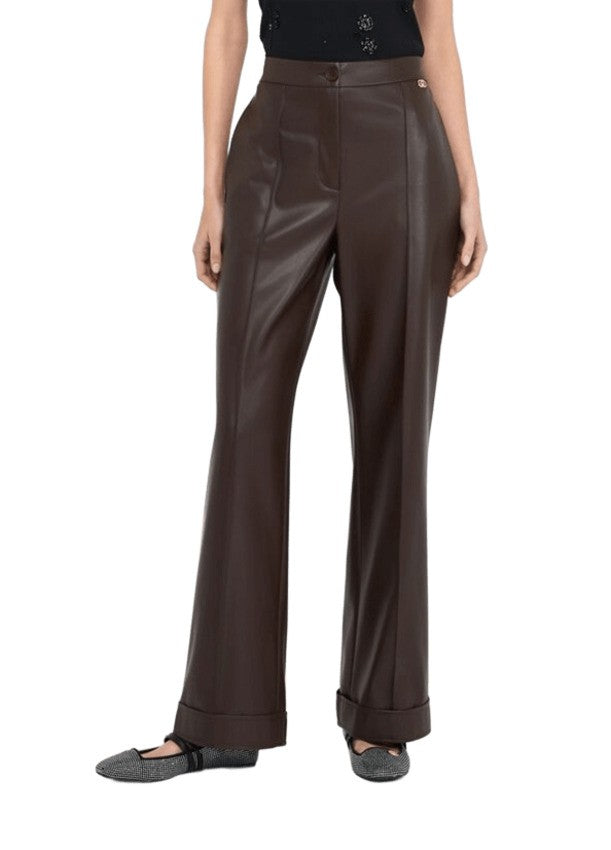 Liu Jo Coated Brown Wide-Leg Pants With Pressed Crease And Cuffed Hem