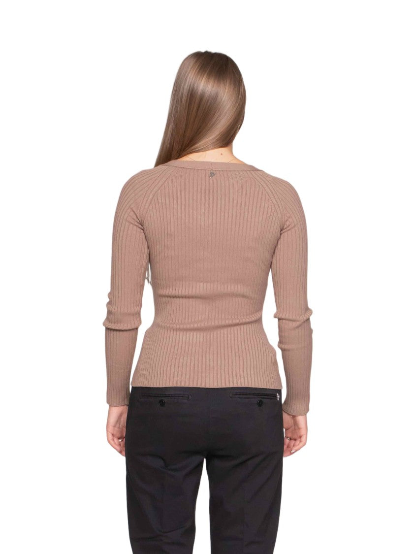 Dondup Fitted Brown Ribbed Knit Cardigan With Button Front