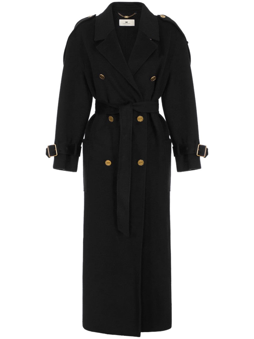 Elisabetta Franchi Double-Breasted Gold-Tone Long Wool Coat