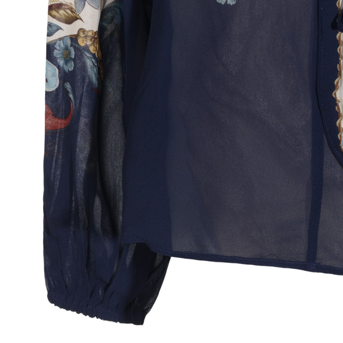 Farm Rio Sheer Floral Puffed Sleeve Tie Neck Blouse