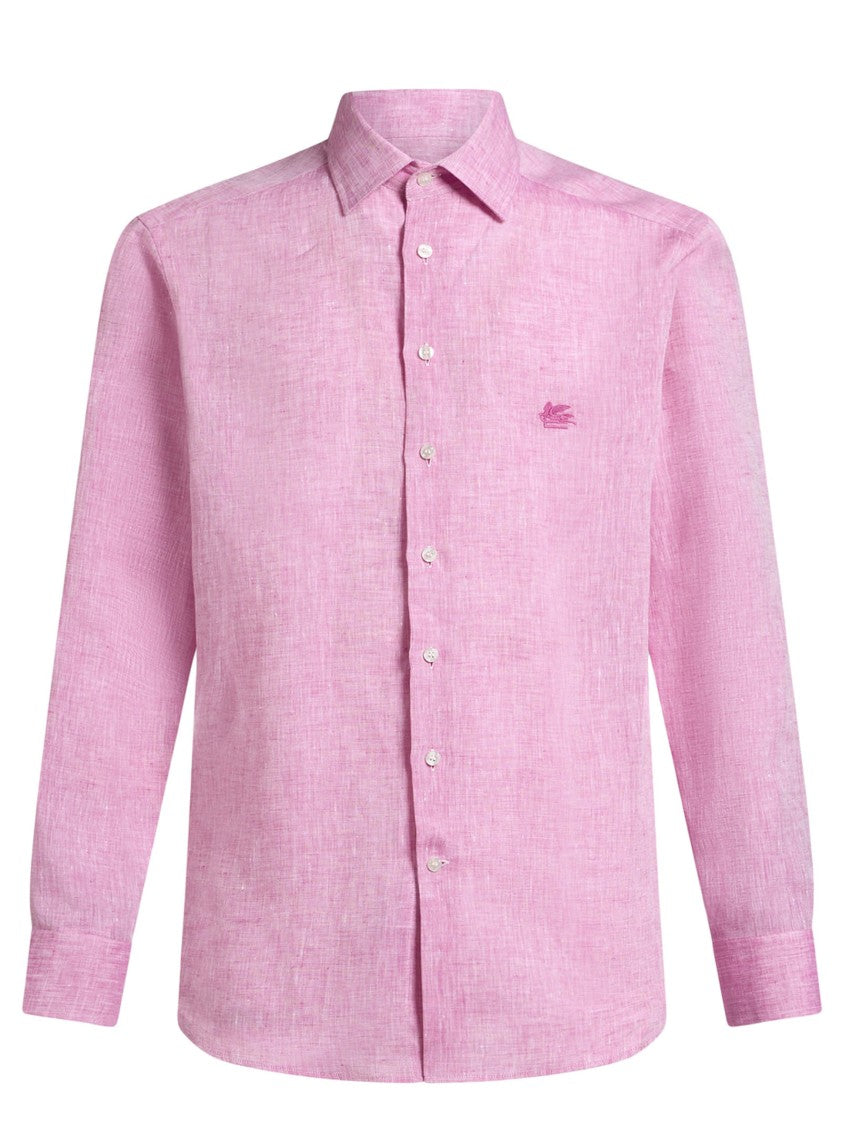 Etro Light Pink Linen Shirt With Logo Embroidery
