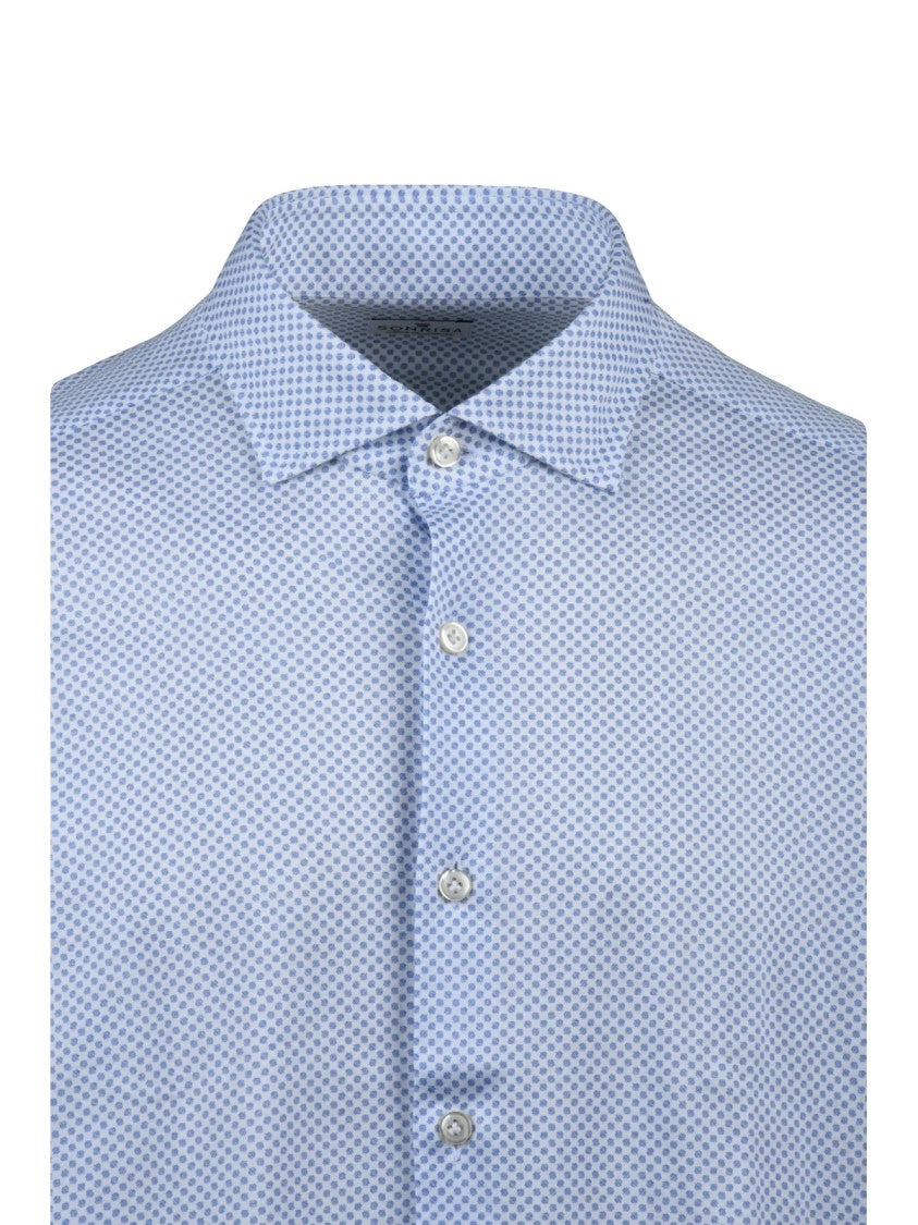 Sonrisa Fior Di Cotone Long Sleeve White And Light Blue Micro-Pattern Shirt
