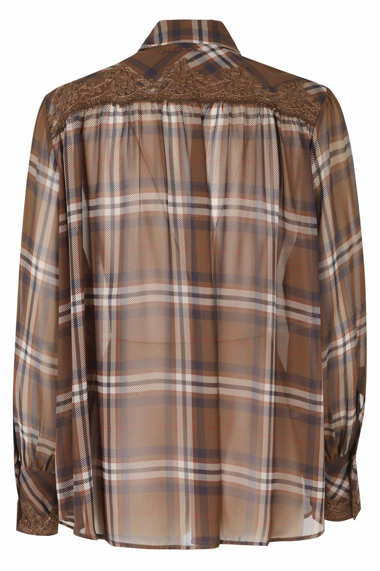 Ermanno Firenze Dark Brown Sheer Lace Trim Polyester Shirt