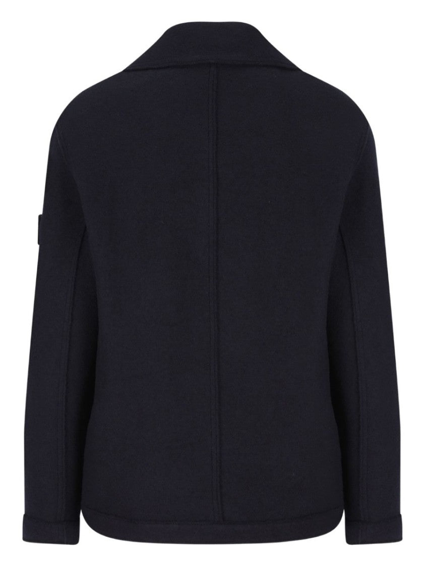Stone Island Black Double-Breasted Virgin Wool Peacoat