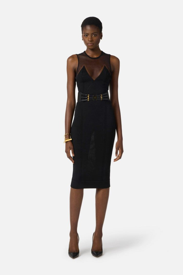 Elisabetta Franchi Black Sheer Mesh Yoke Ribbed Viscose-Blend Midi Dress