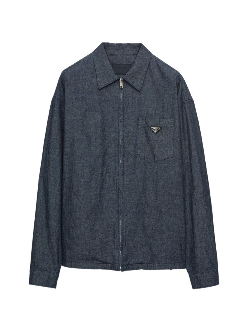 Prada Casual Classic Collar Zip-Up Logo Patch Shirt
