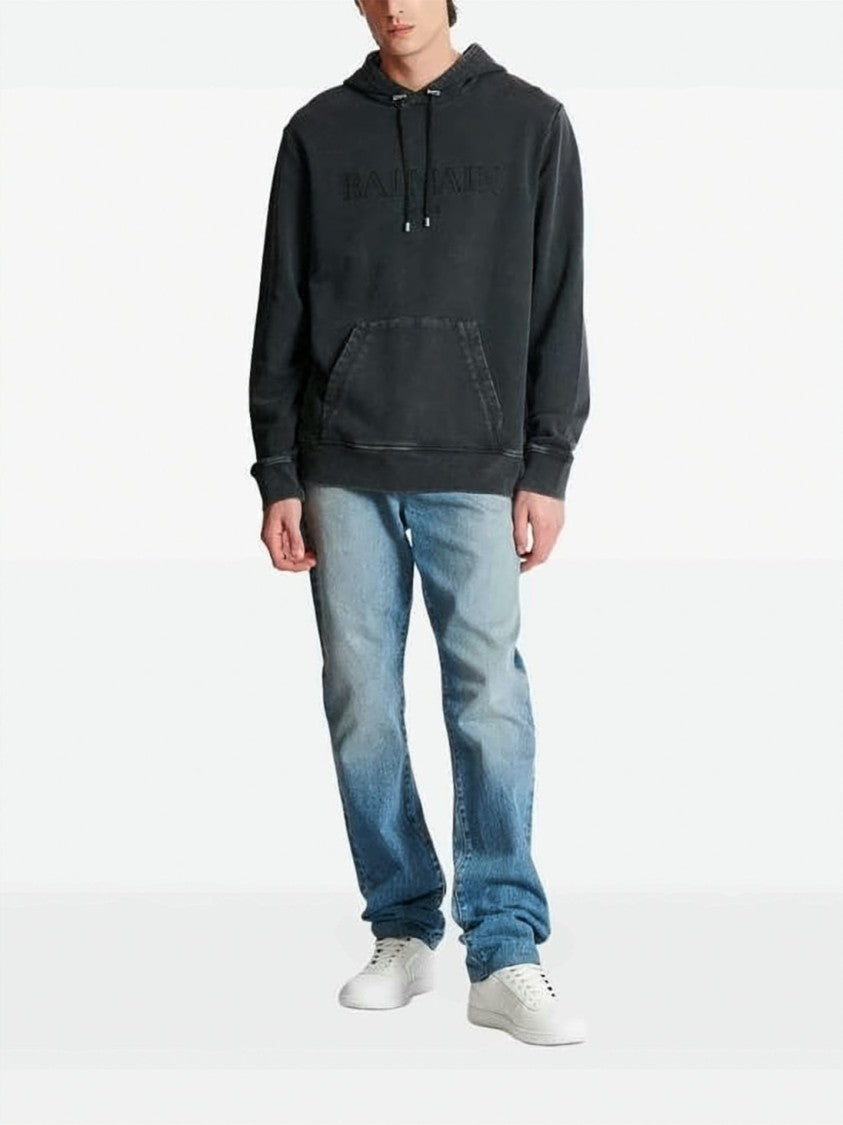 Balmain Washed Black Relaxed-Fit Hoodie With Embossed Logo